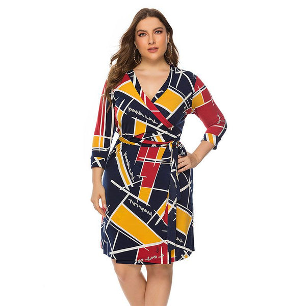 Hot Sale Plus Size Medium Sleeve V Neck Wrap Dress