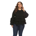 Casual Solid Color Round Neck Ruffled Long-sleeve Plus Size Blouse