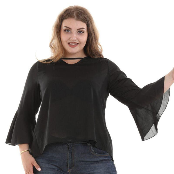 Plain Color Sweet Flare Sleeve Women Plus Size Chiffon Tops