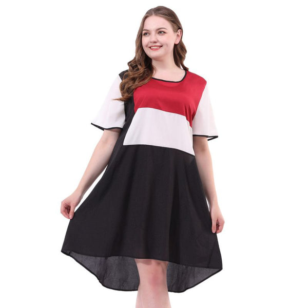 Loose Pattern Unique Color Blocking Design Women Plus Size A Shape Dress