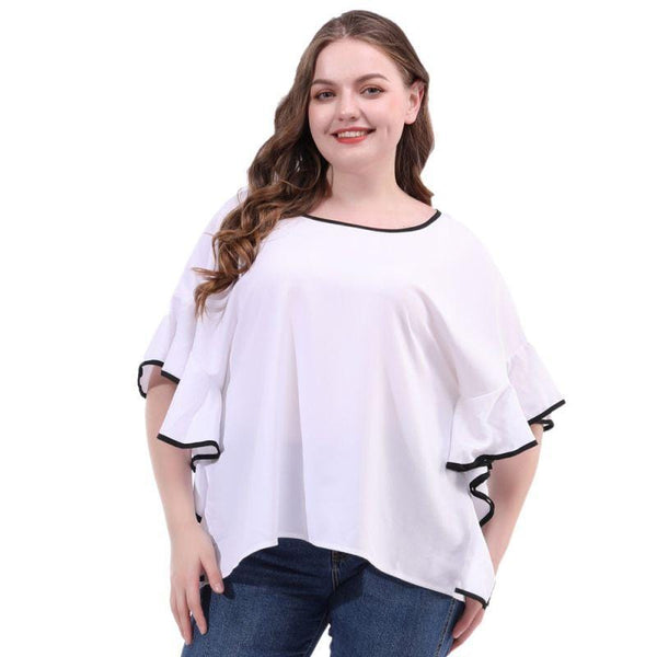 Ruffled Medium Sleeve Contrast Loose Pattern Plus Size Tee