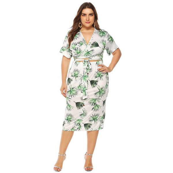 2pcs/set Plus Size Women Leaves Print Buttoned Outfit