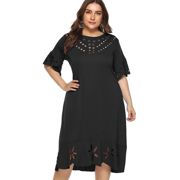 Casual Plain Color Unique Hollow Design Women Fare Sleeve Plus Size Dress