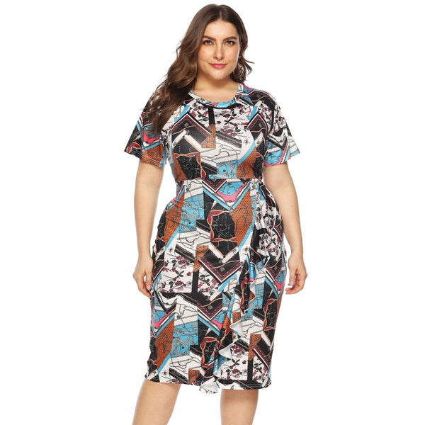 Hot Sale Plus Size Women Elegant Multicolor Print Midi Dress