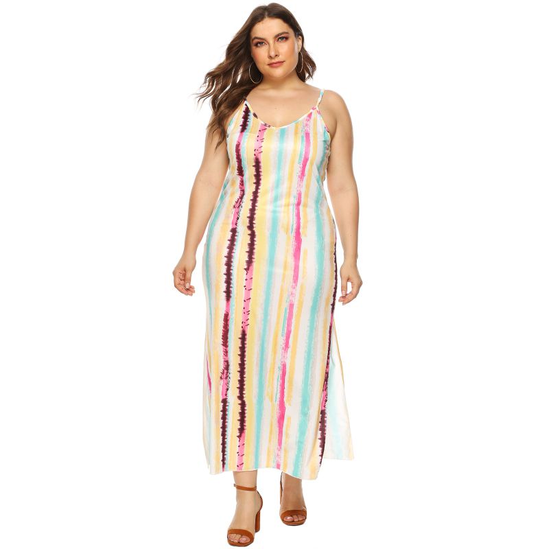 Multicolor Irregular Stripes Print Women Maxi Slip Dress