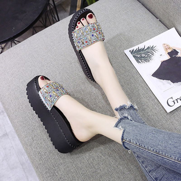 Fashion Shiny Rhinestone Design Single Wide Strap Upper Platform Slippers Shoes