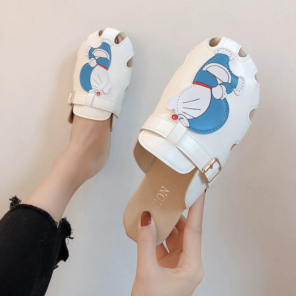 Cute Cartoon Pattern Cover Toe Hollow Out Flat Slippers Shoes