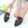 Plaid Pattern Pointed-toe Metal Buckle Decor Low Heels Slippers Shoes