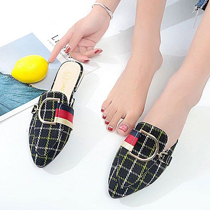Plaid Pattern Pointed-toe Metal Buckle Decor Low Heels Slippers Shoes
