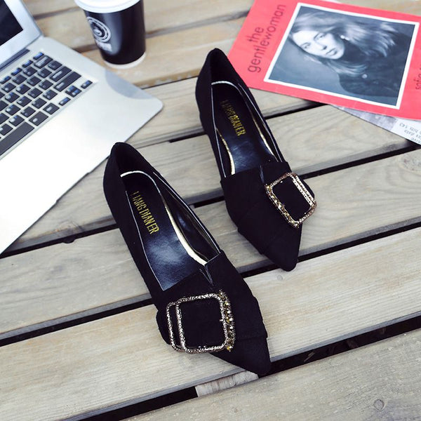 Fashion Suede Upper Square Metal Buckle Decor Pointed-toe Low Heels Shoes