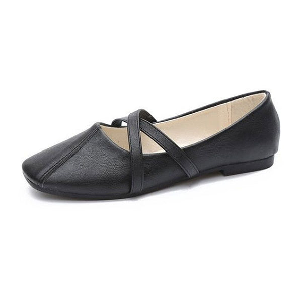 Breathable Solid Color Square-toe Cross Strap Design Flat Shoes