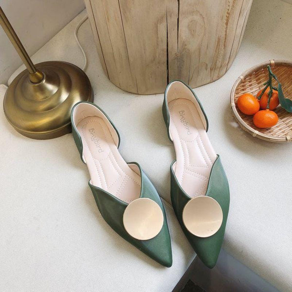 Round Shaped Metal Design Pointed-toe Solid Color Slip On Shoes