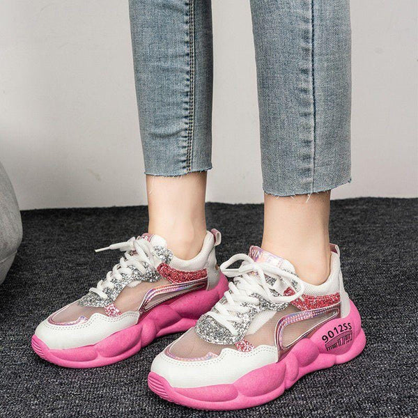 Women Neon Color Outsole Mesh Hollow Out Design Platform Sneakers Shoes