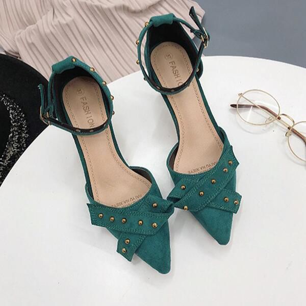 Cross Rivet Decor Suede Upper Pointed-toe Ankle Strap Stiletto Shoes
