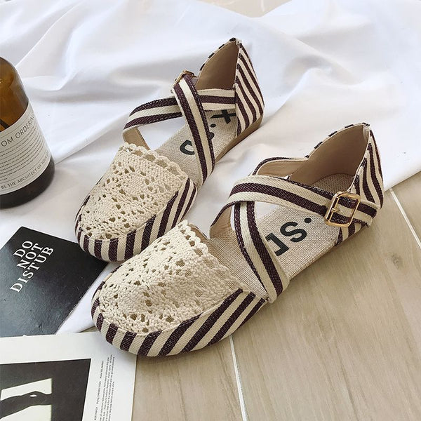 Cover Toe Hollow Design Stripe Print Cross Ankle Strap Flat Shoes