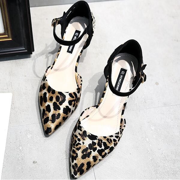 Leopard Pattern Sexy Kitten Heels Ankle Strap Sandals Shoes