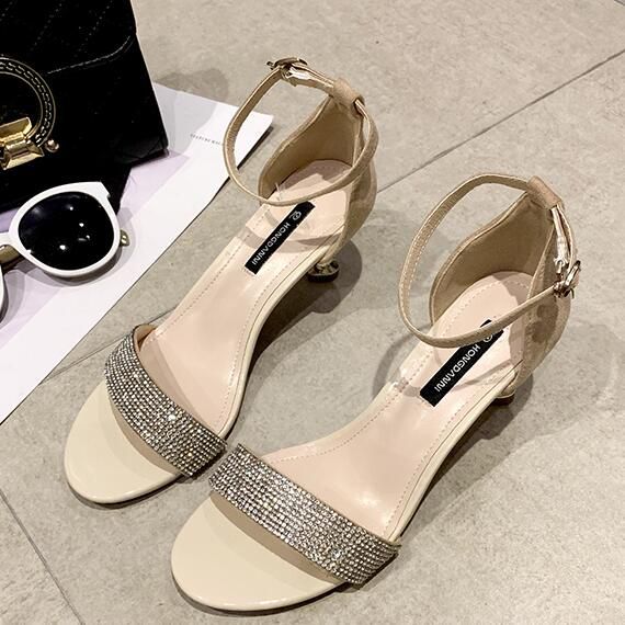 New Arrival Open Toe Rhinestone Design Cover Heels Ankle Strap Sandals Shoes