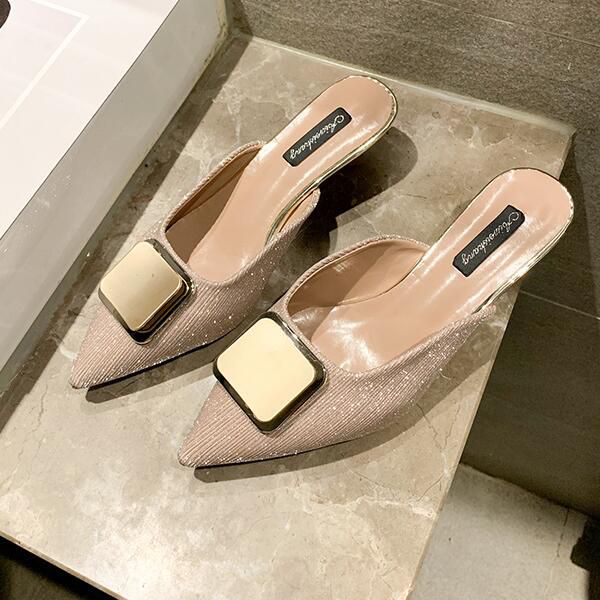 Fashion Outdoor Sequin Square Shaped Buckle Decor Kitten Heels Slippers Shoes