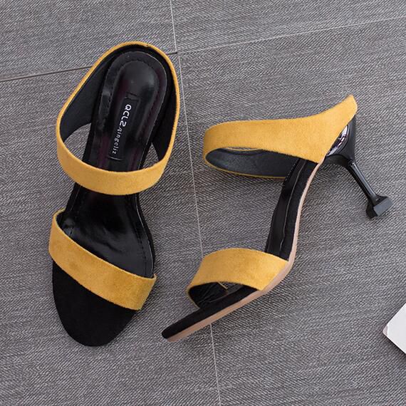 Double Bands Design Open Toe Suede Upper Stiletto Slippers Shoes