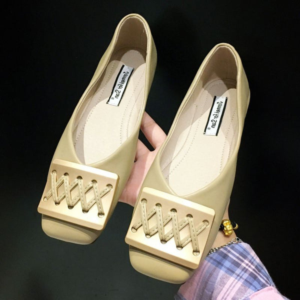 Metal Buckle Lace-up Design Square-toe Fresh Style Loafers Shoes