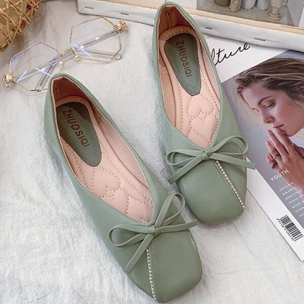 Candy Colors Bowknot Pattern Decor Square-toe Flat Slip On Shoes