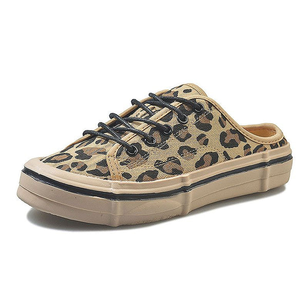 Leopard Print Breathable Lace-up Slip On Slippers Shoes