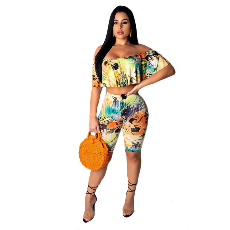 Hot Sale Women Off-shoulder Cropped Top Tight Shorts Two-piece Floral Set