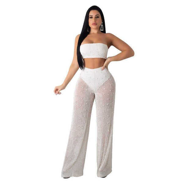 Women Sexy Cropped Tube Top Hollow Mesh Fabric Wide-leg Pants Two-piece Set