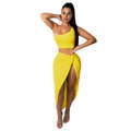 Asymmetric One-shoulder Cropped Top Sexy Side-slit Skirt Women Solid Color Two-piece Set