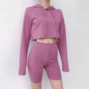 Hot Sale Solid Color Long-sleeve Loose Hoodies Medium Length Tight Shorts Sporty Set