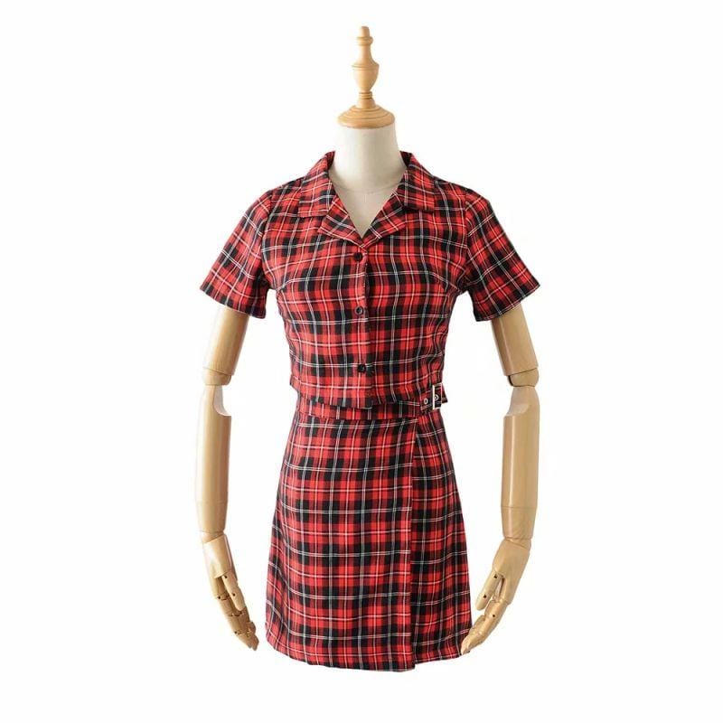 Women Casual Summer Vintage Style Plaid Pattern Buttoned Two-piece Outfit