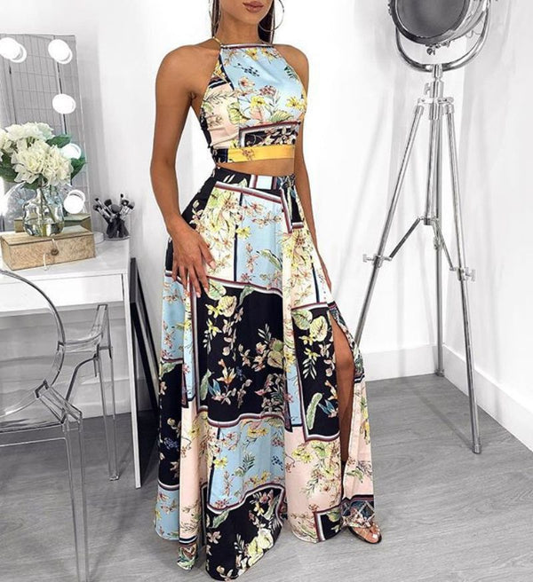 Ethnic Style Multicolor Flower Printed Women Sleeveless Halter Camis Side-slit Skirt Set