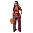 Women Vacation Tropical Leaf Print Cropped Camis Wide-leg Pants Set