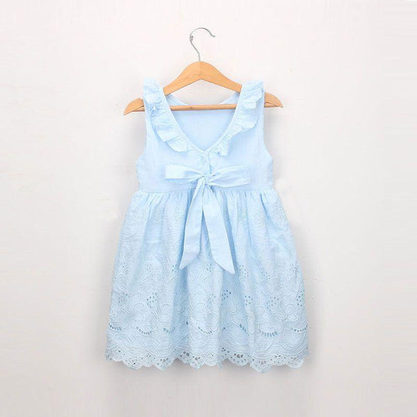 Girls Cotton Blue Sleeveless Lace Design Dresses