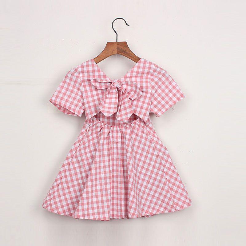 Girls Cotton Plaid Bowknot Design Backless Dresses