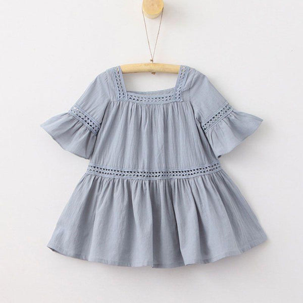 Girls Cotton Pure Color Flare Sleeves Dresses