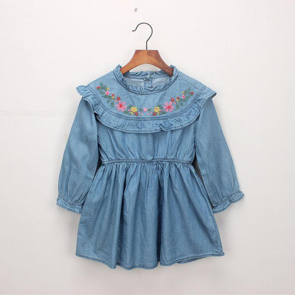 Girls Cotton Floral Embroidery Long Sleeves Dresses