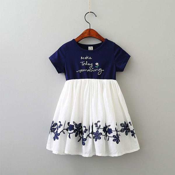 Girl Short Sleeves Letter Print Patchwork Dresses