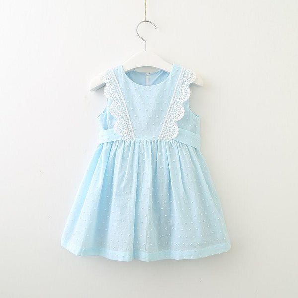 Pretty Girls Cotton Lace Print Sleeveless Blue Dresses