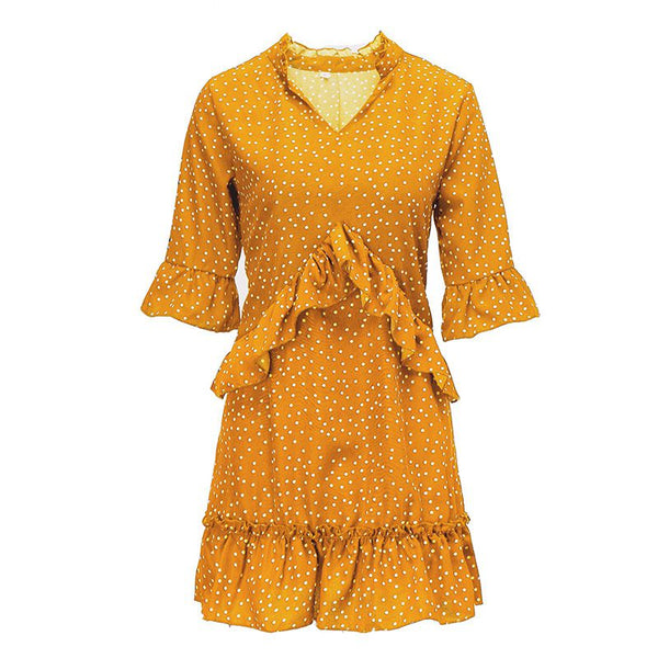 Loose Pattern Flare Sleeve Polka Dot Print Ruffled Casual Dress