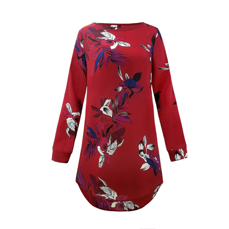 Casual Long-sleeve Round Neck Flower Printed Women Dress