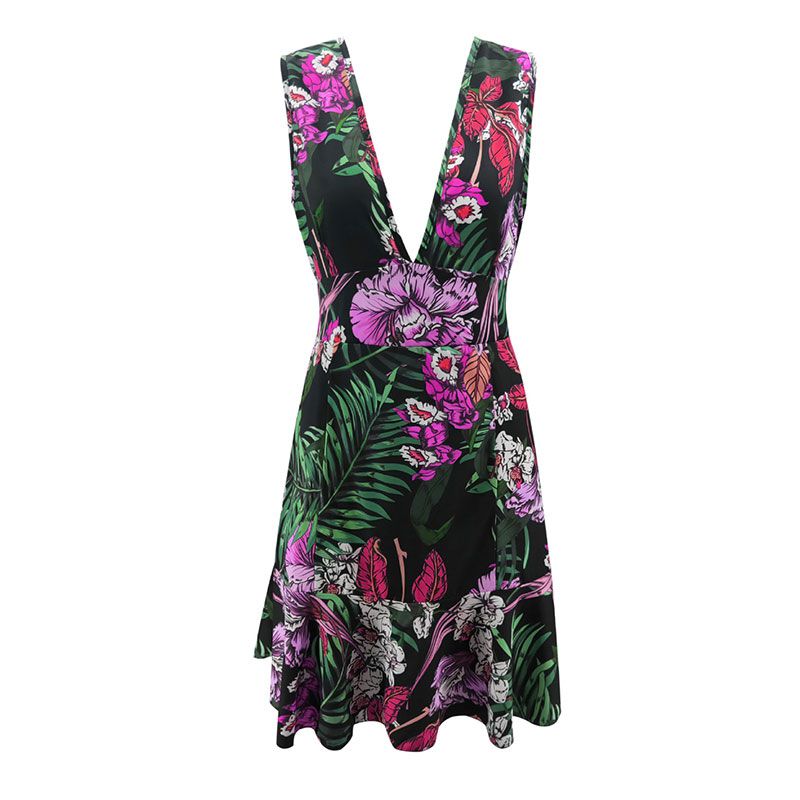 Fashion Flower Printed Women Casual Sleeveless V Neck Flouncing Dress