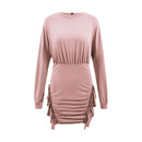 Elegant Women Long-sleeve Pleated Irregular Ruffle Hemline Dress