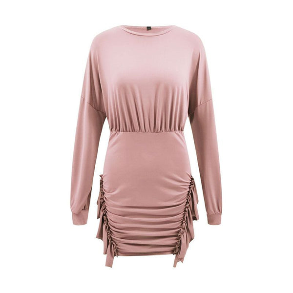 Elegant Women Long-sleeve Pleated Irregular Ruffle Hemline Dress