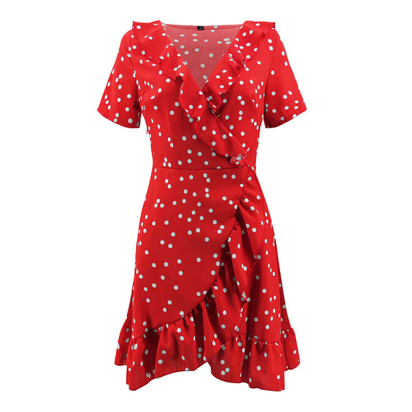 Bright Color Polka Dot Printed Short-sleeve Ruffled Wrap Dress