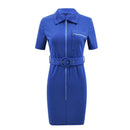 Casual Bright Color Lapel Collar Short Sleeves Zipper Pattern Tight Mini Dress