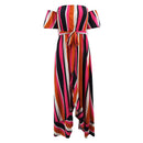 Color Blocking Stripes Print Sweet Off-shoulder Flouncing Irregular Hemline Maxi Dress