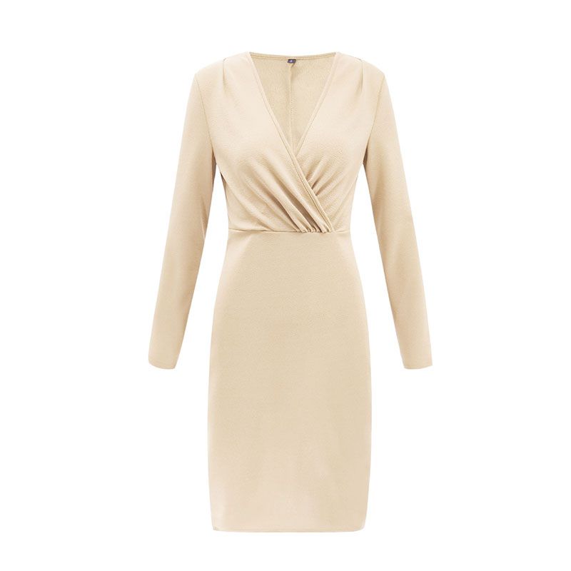 New Arrival Autumn Winter Long-sleeve Deep V Neck Pleated Tight Dress