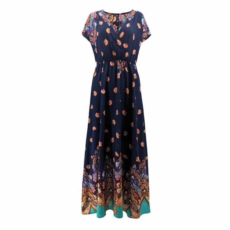 Women Vacation Style Short-sleeve Floral Printed Wrap Maxi Dress