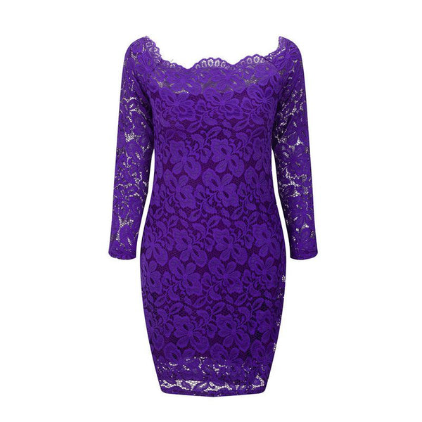 Elegant Plain Lace Long-sleeve Boat Neck Three-quarter Sleeve Bodycon Dress